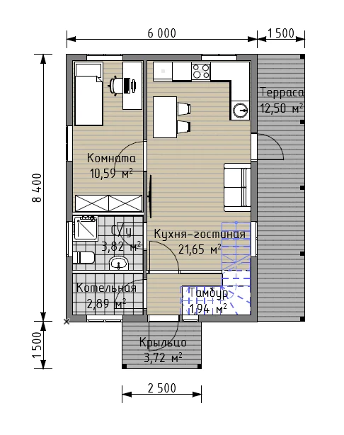 Каркасный дом 74 м²: планировка проекта, лист 1