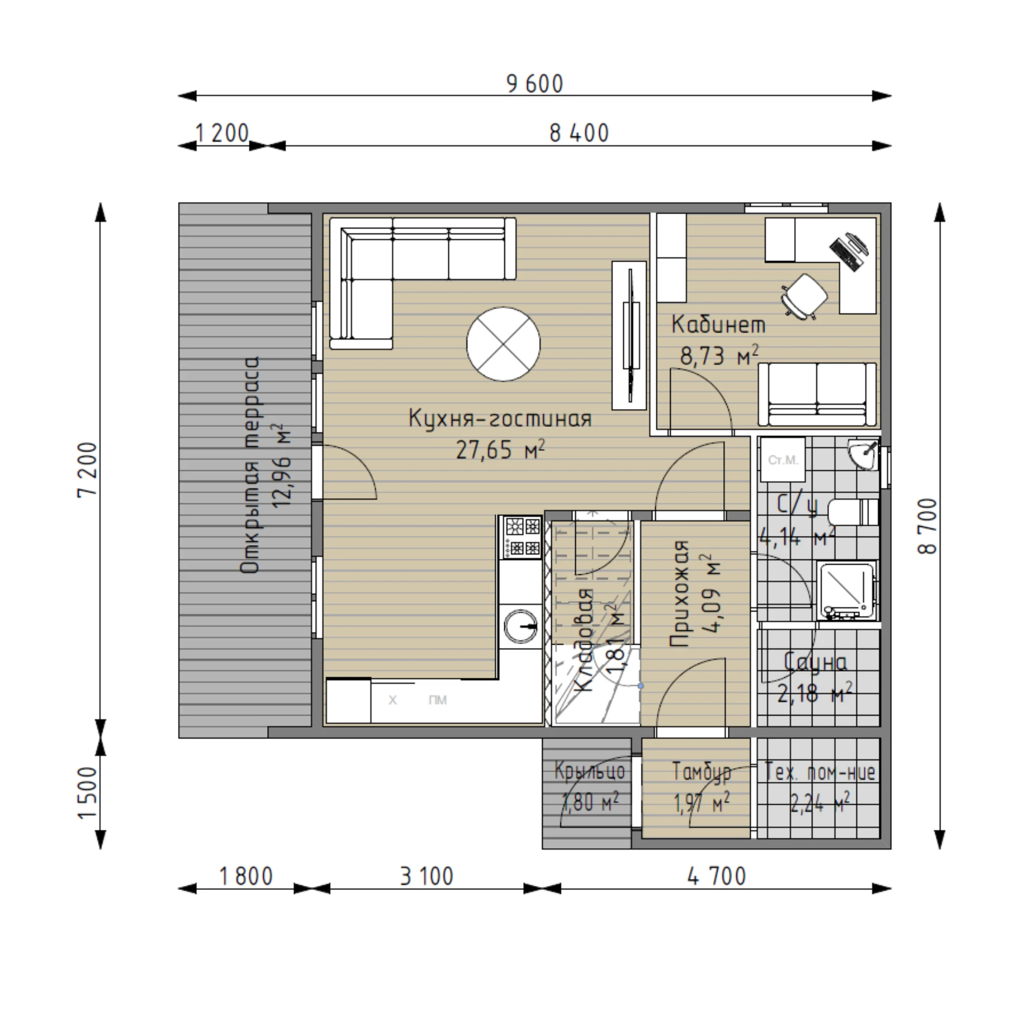 Каркасный дом 89 м²: планировка проекта, лист 1